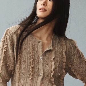 Maeve Taupe Ruffled Button Down Shirt